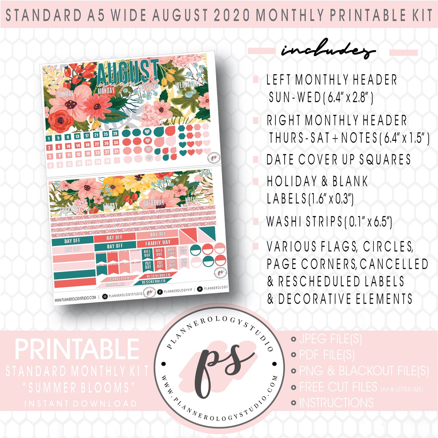 Summer Blooms August 2020 Monthly Kit Digital Printable Planner Stickers (for use with Standard A5 Wide Planners)