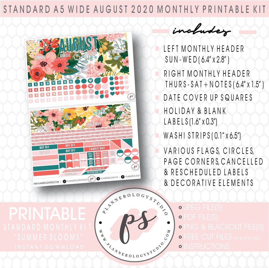 Summer Blooms August 2020 Monthly Kit Digital Printable Planner Stickers (for use with Standard A5 Wide Planners)