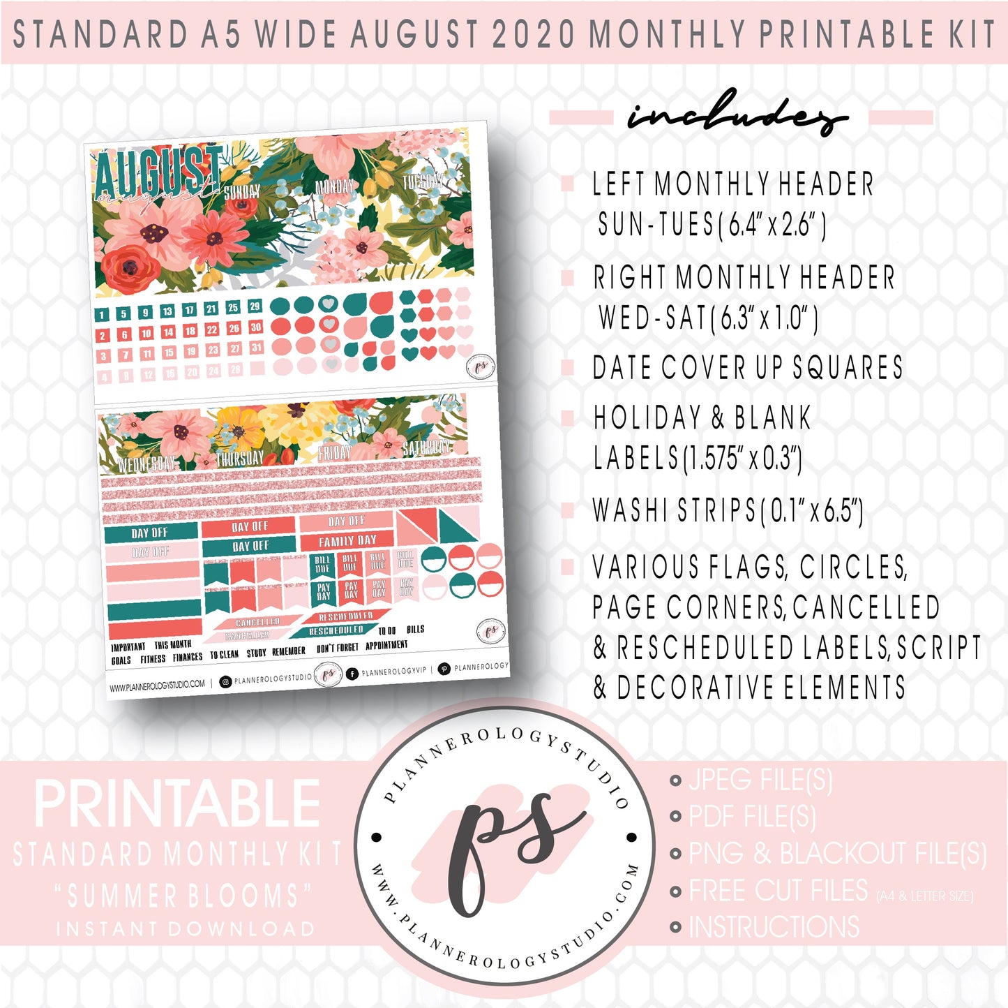Summer Blooms August 2020 Monthly Kit Digital Printable Planner Stickers (for use with Standard A5 Wide Planners)