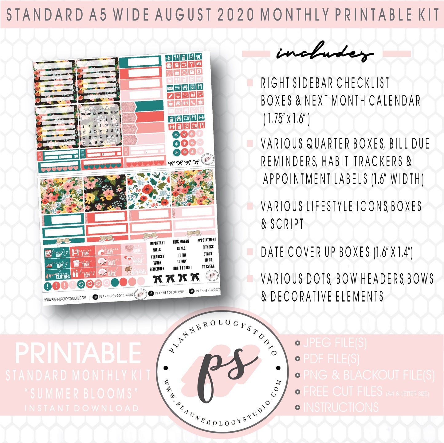 Summer Blooms August 2020 Monthly Kit Digital Printable Planner Stickers (for use with Standard A5 Wide Planners)