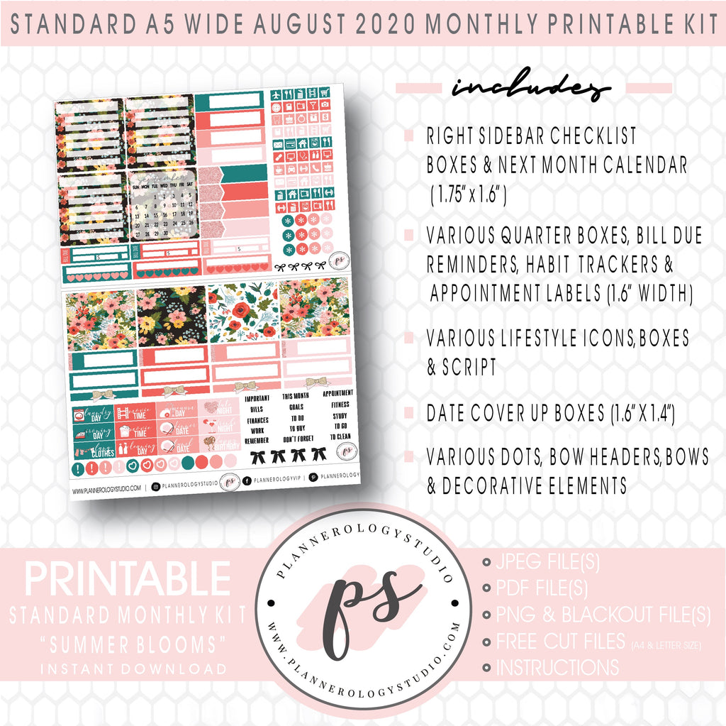 Summer Blooms August 2020 Monthly Kit Digital Printable Planner Stickers (for use with Standard A5 Wide Planners)
