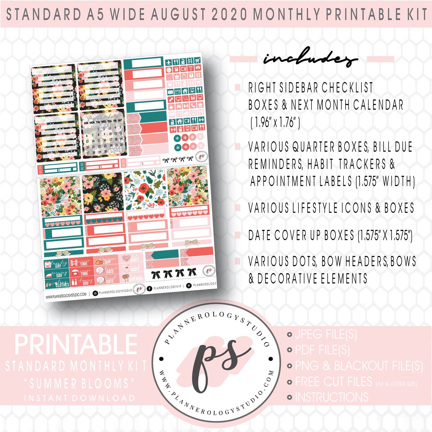 Summer Blooms August 2020 Monthly Kit Digital Printable Planner Stickers (for use with Standard A5 Wide Planners)
