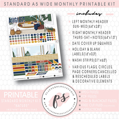 Nature August 2020 Monthly Kit Digital Printable Planner Stickers (for use with Standard A5 Wide Planners)