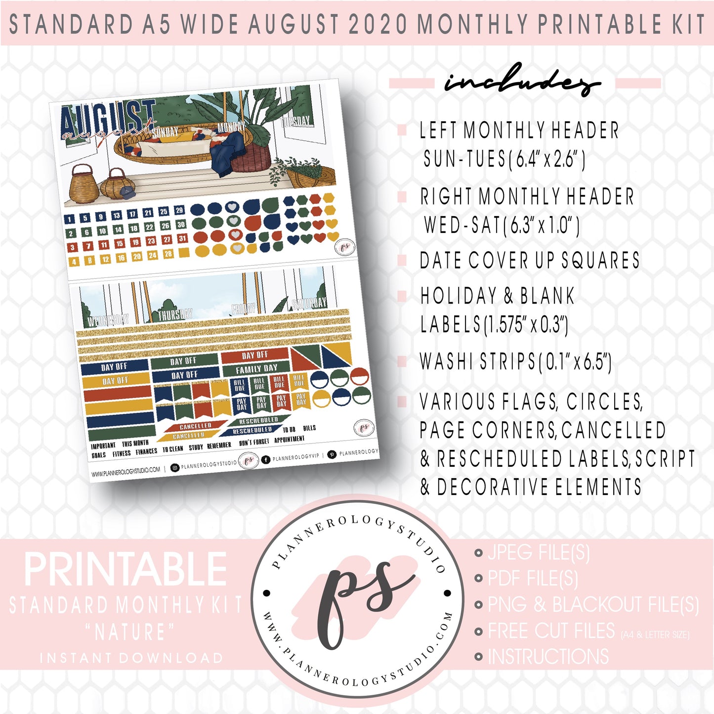 Nature August 2020 Monthly Kit Digital Printable Planner Stickers (for use with Standard A5 Wide Planners)