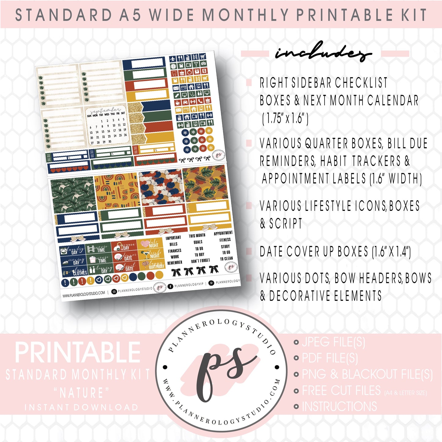 Nature August 2020 Monthly Kit Digital Printable Planner Stickers (for use with Standard A5 Wide Planners)