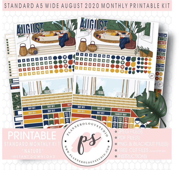 Nature August 2020 Monthly Kit Digital Printable Planner Stickers (for use with Standard A5 Wide Planners)