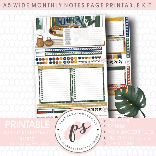 Nature Monthly Notes Page Kit Digital Printable Planner Stickers (for use with Standard A5 Wide Planners)