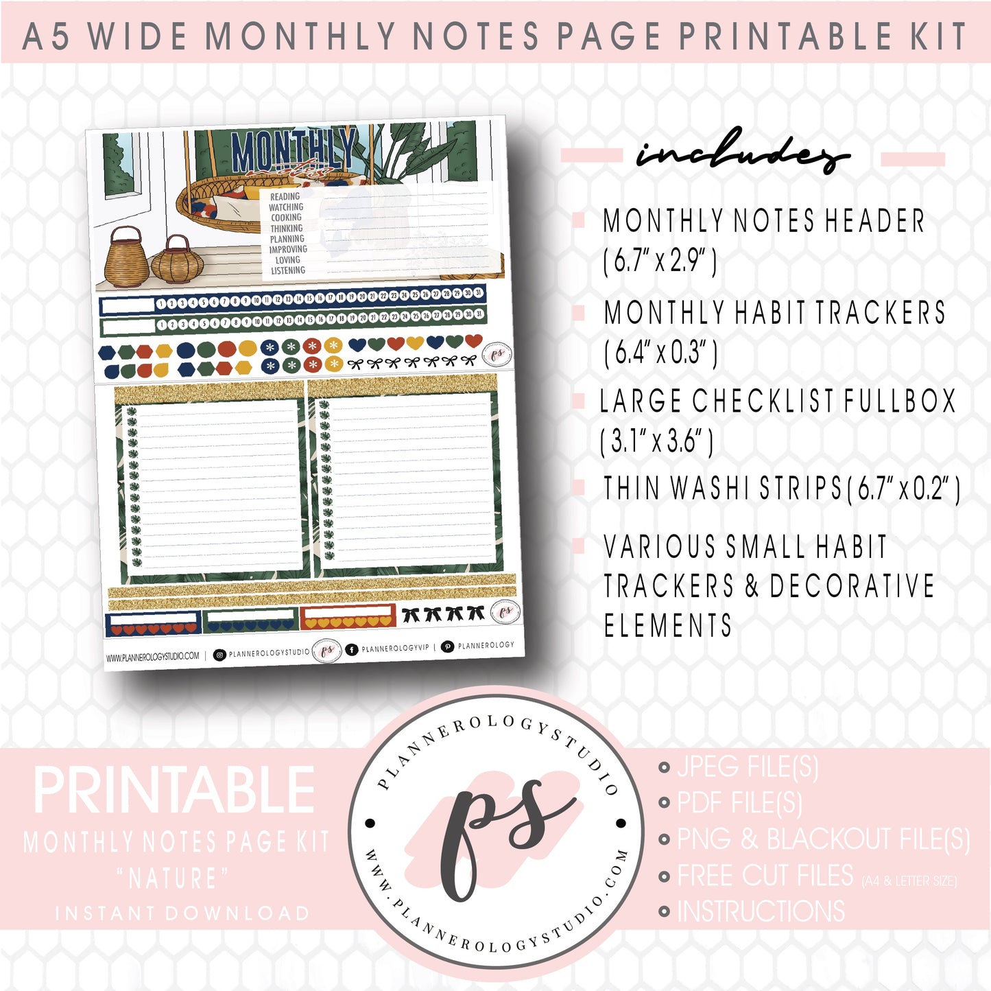 Nature Monthly Notes Page Kit Digital Printable Planner Stickers (for use with Standard A5 Wide Planners)