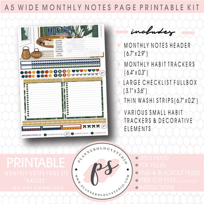 Nature Monthly Notes Page Kit Digital Printable Planner Stickers (for use with Standard A5 Wide Planners)