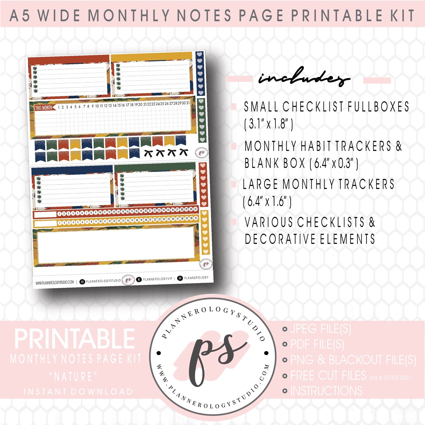Nature Monthly Notes Page Kit Digital Printable Planner Stickers (for use with Standard A5 Wide Planners)