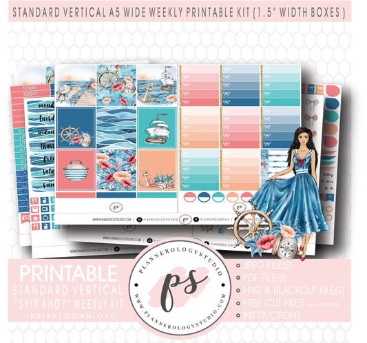 Ship Ahoy Weekly Digital Printable Planner Stickers Kit (for use with Standard Vertical A5 Wide Planners)