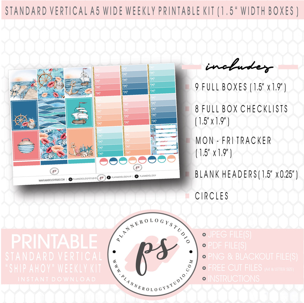 Ship Ahoy Weekly Digital Printable Planner Stickers Kit (for use with Standard Vertical A5 Wide Planners)
