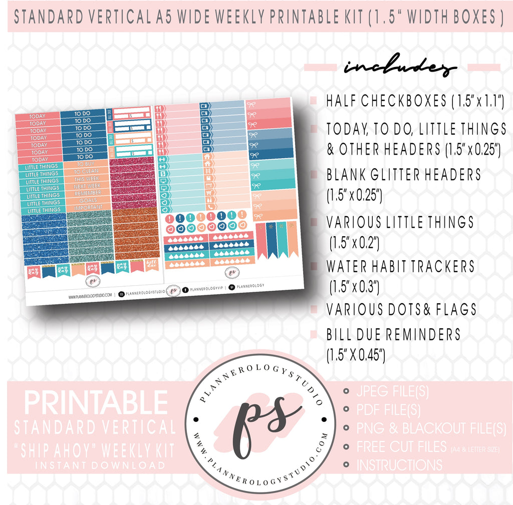 Ship Ahoy Weekly Digital Printable Planner Stickers Kit (for use with Standard Vertical A5 Wide Planners)