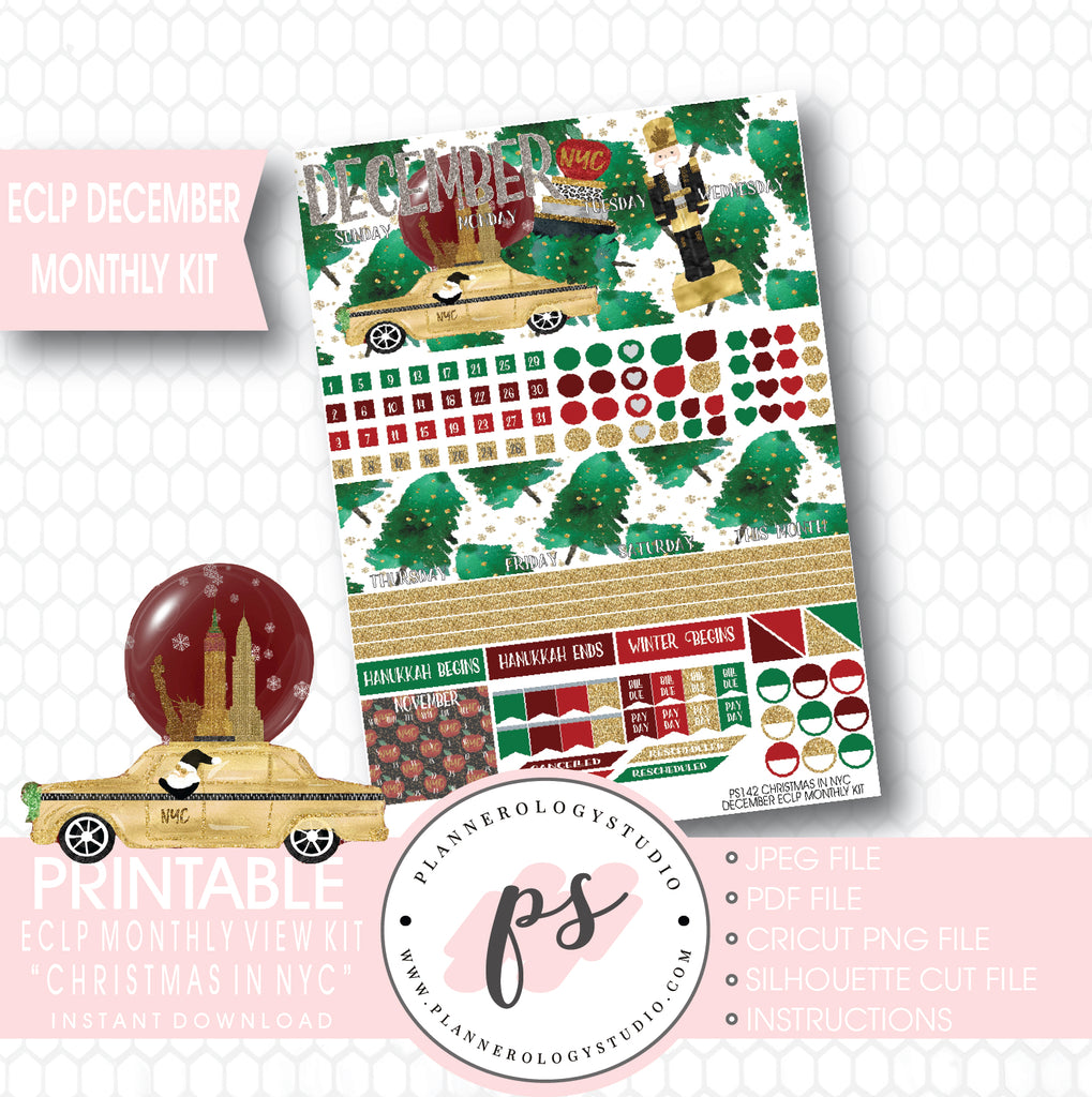 Christmas in NYC December 2017 Monthly View Kit Printable Planner Stickers (for use with ECLP) - Plannerologystudio