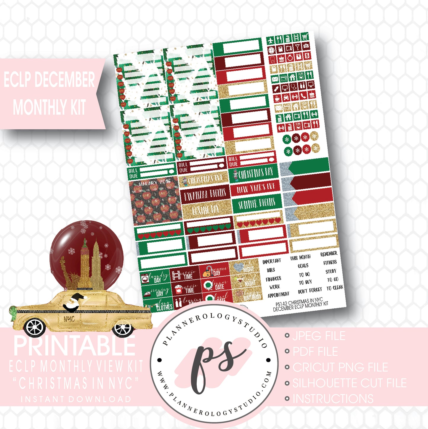 Christmas in NYC December 2017 Monthly View Kit Printable Planner Stickers (for use with ECLP) - Plannerologystudio