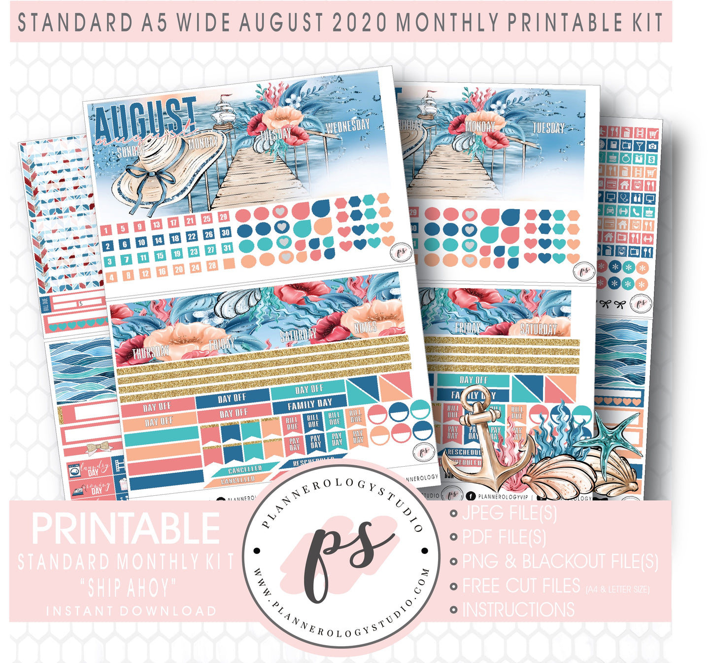 Ship Ahoy August 2020 Monthly Kit Digital Printable Planner Stickers (for use with Standard A5 Wide Planners)