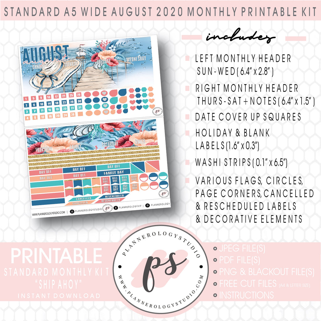 Ship Ahoy August 2020 Monthly Kit Digital Printable Planner Stickers (for use with Standard A5 Wide Planners)
