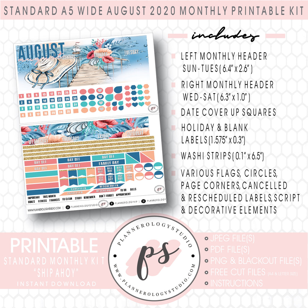 Ship Ahoy August 2020 Monthly Kit Digital Printable Planner Stickers (for use with Standard A5 Wide Planners)