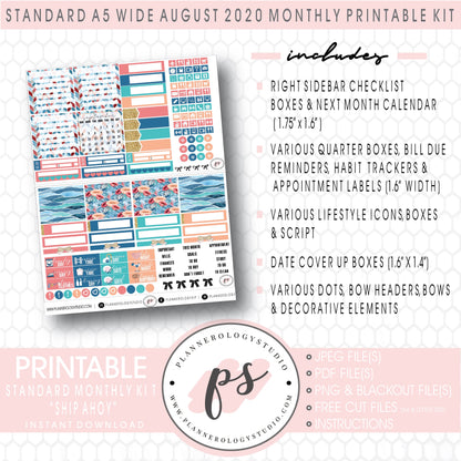 Ship Ahoy August 2020 Monthly Kit Digital Printable Planner Stickers (for use with Standard A5 Wide Planners)