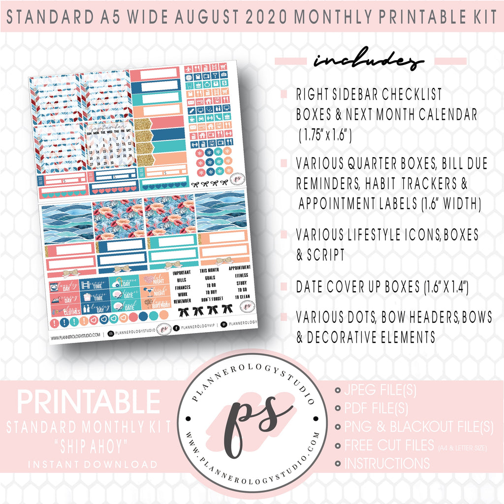 Ship Ahoy August 2020 Monthly Kit Digital Printable Planner Stickers (for use with Standard A5 Wide Planners)
