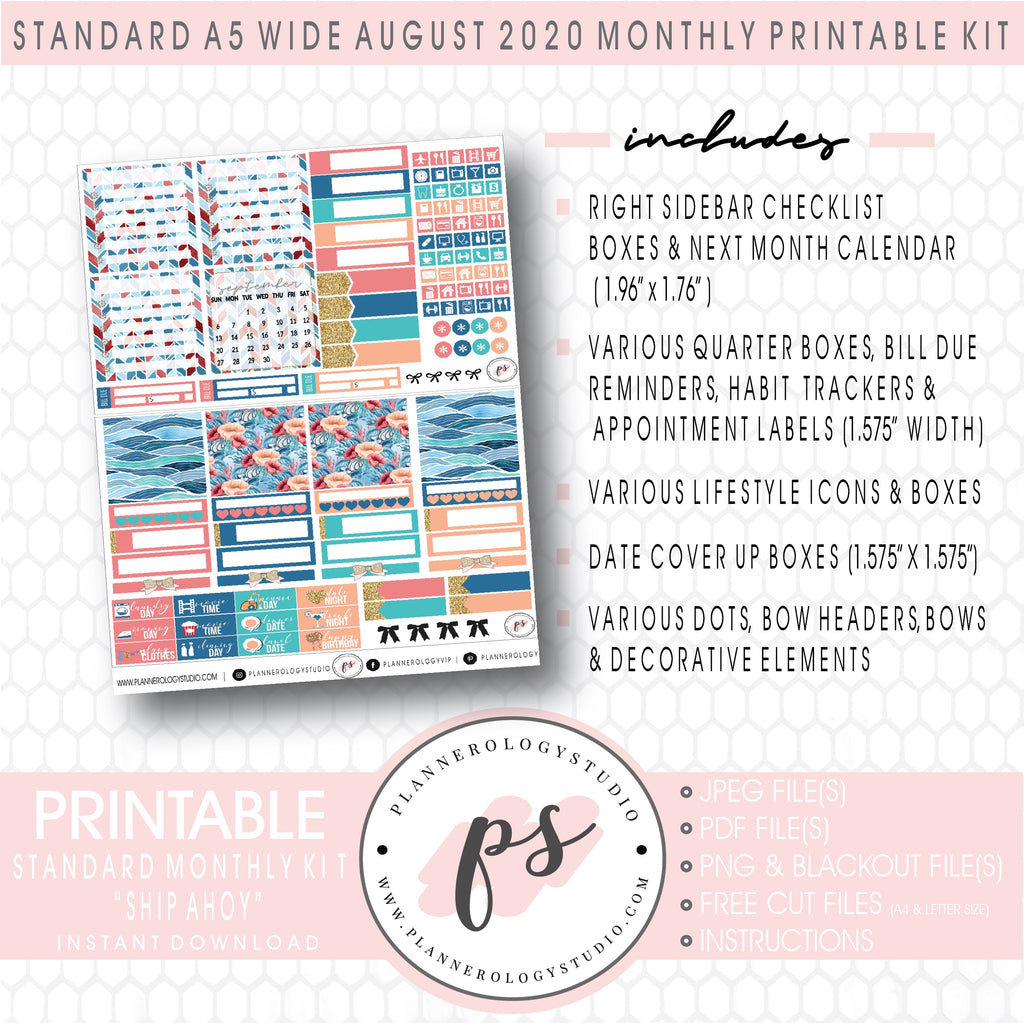 Ship Ahoy August 2020 Monthly Kit Digital Printable Planner Stickers (for use with Standard A5 Wide Planners)