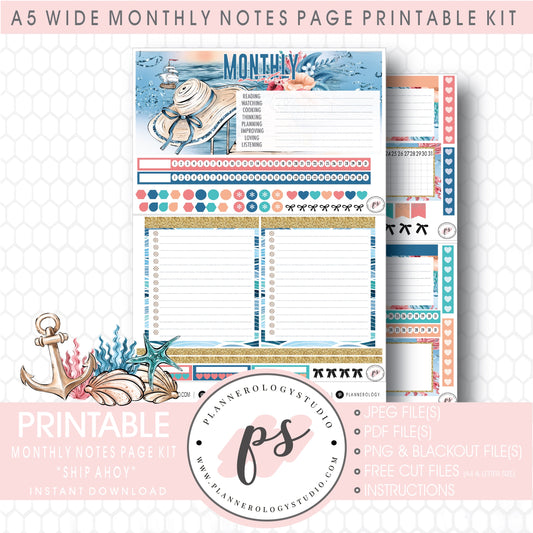 Ship Ahoy Monthly Notes Page Kit Digital Printable Planner Stickers (for use with Standard A5 Wide Planners)