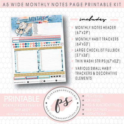 Ship Ahoy Monthly Notes Page Kit Digital Printable Planner Stickers (for use with Standard A5 Wide Planners)