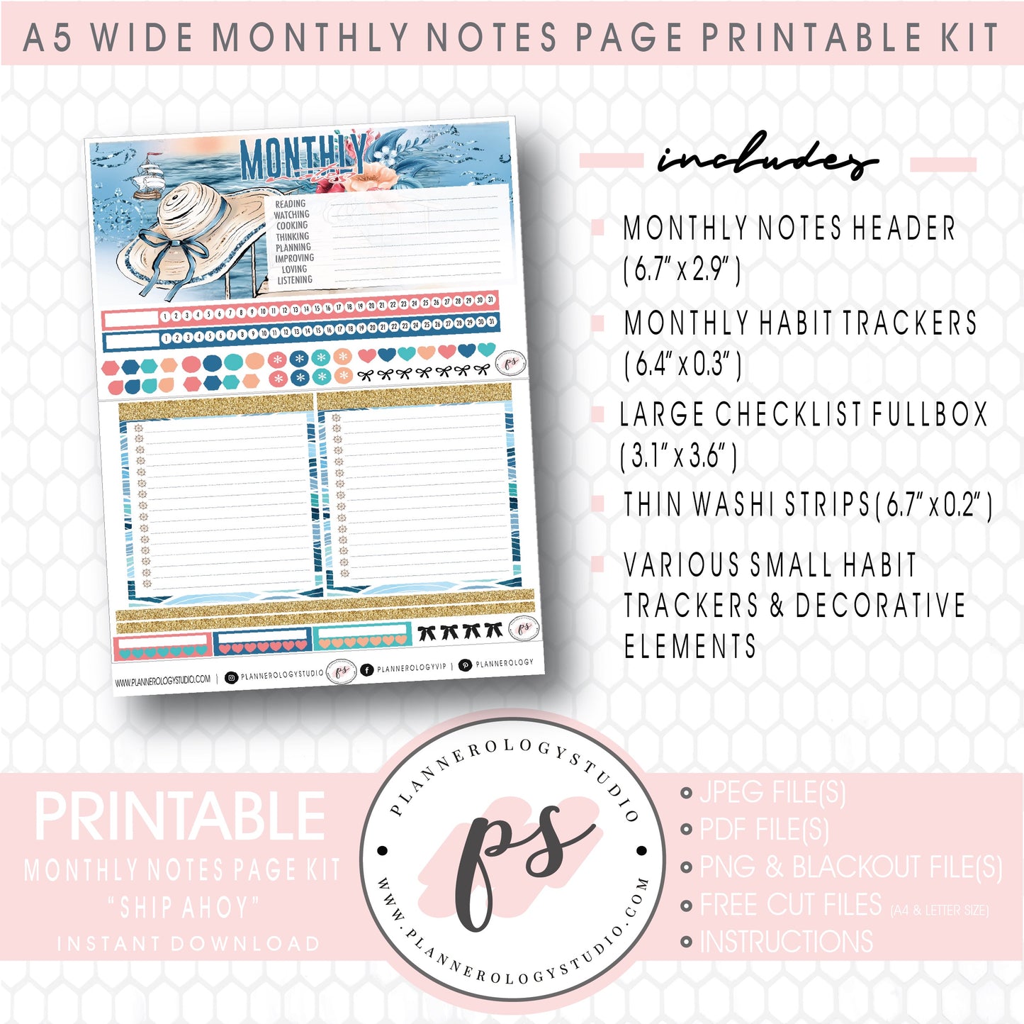 Ship Ahoy Monthly Notes Page Kit Digital Printable Planner Stickers (for use with Standard A5 Wide Planners)