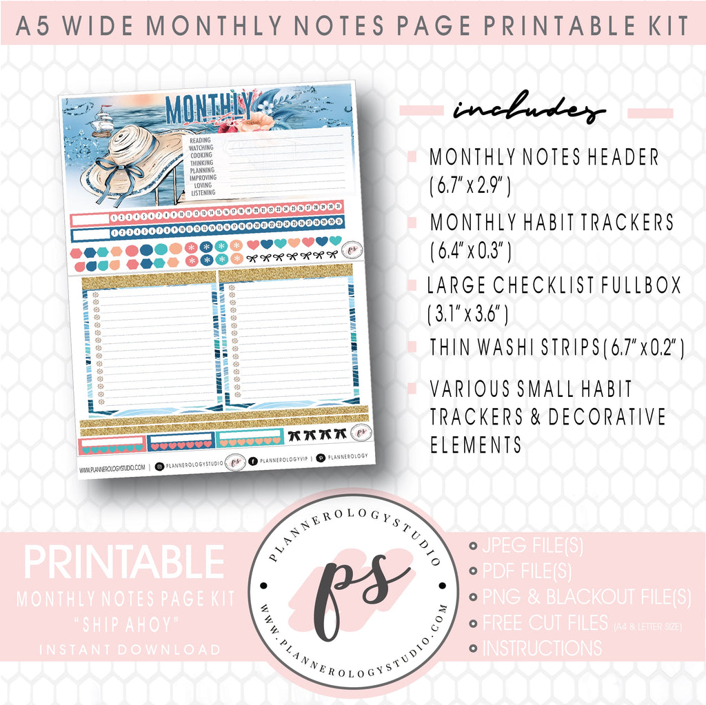 Ship Ahoy Monthly Notes Page Kit Digital Printable Planner Stickers (for use with Standard A5 Wide Planners)