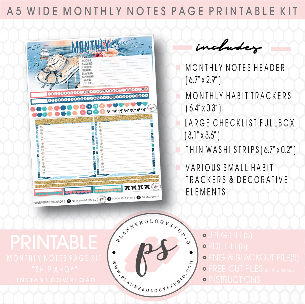 Ship Ahoy Monthly Notes Page Kit Digital Printable Planner Stickers (for use with Standard A5 Wide Planners)
