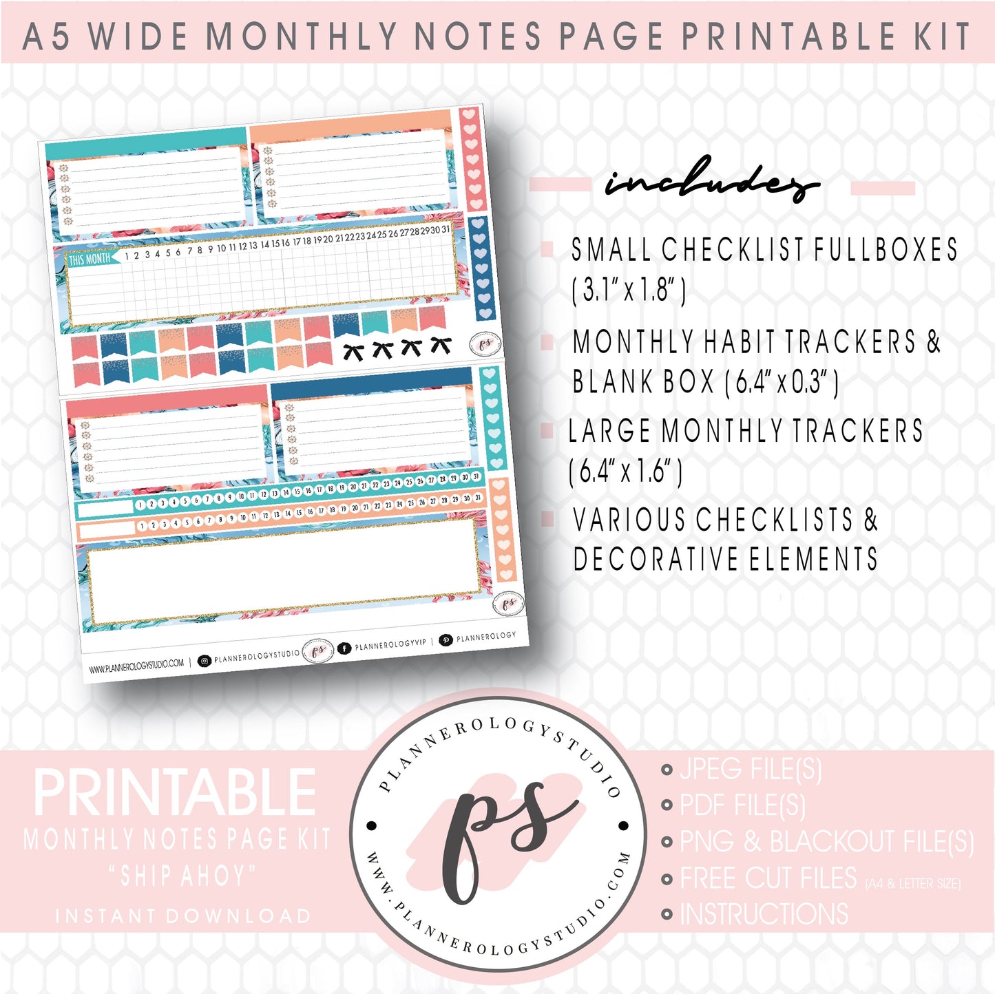 Ship Ahoy Monthly Notes Page Kit Digital Printable Planner Stickers (for use with Standard A5 Wide Planners)