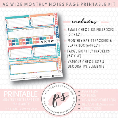 Ship Ahoy Monthly Notes Page Kit Digital Printable Planner Stickers (for use with Standard A5 Wide Planners)