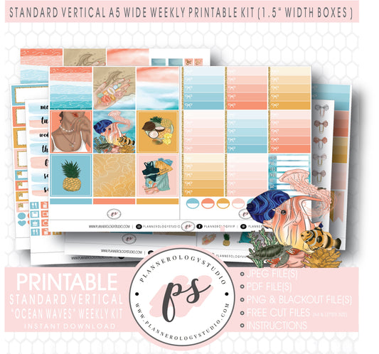 Ocean Waves Weekly Digital Printable Planner Stickers Kit (for use with Standard Vertical A5 Wide Planners)