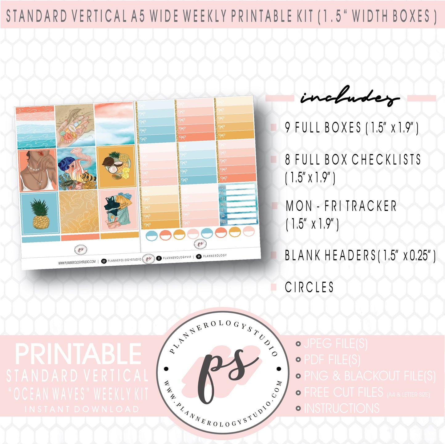 Ocean Waves Weekly Digital Printable Planner Stickers Kit (for use with Standard Vertical A5 Wide Planners)
