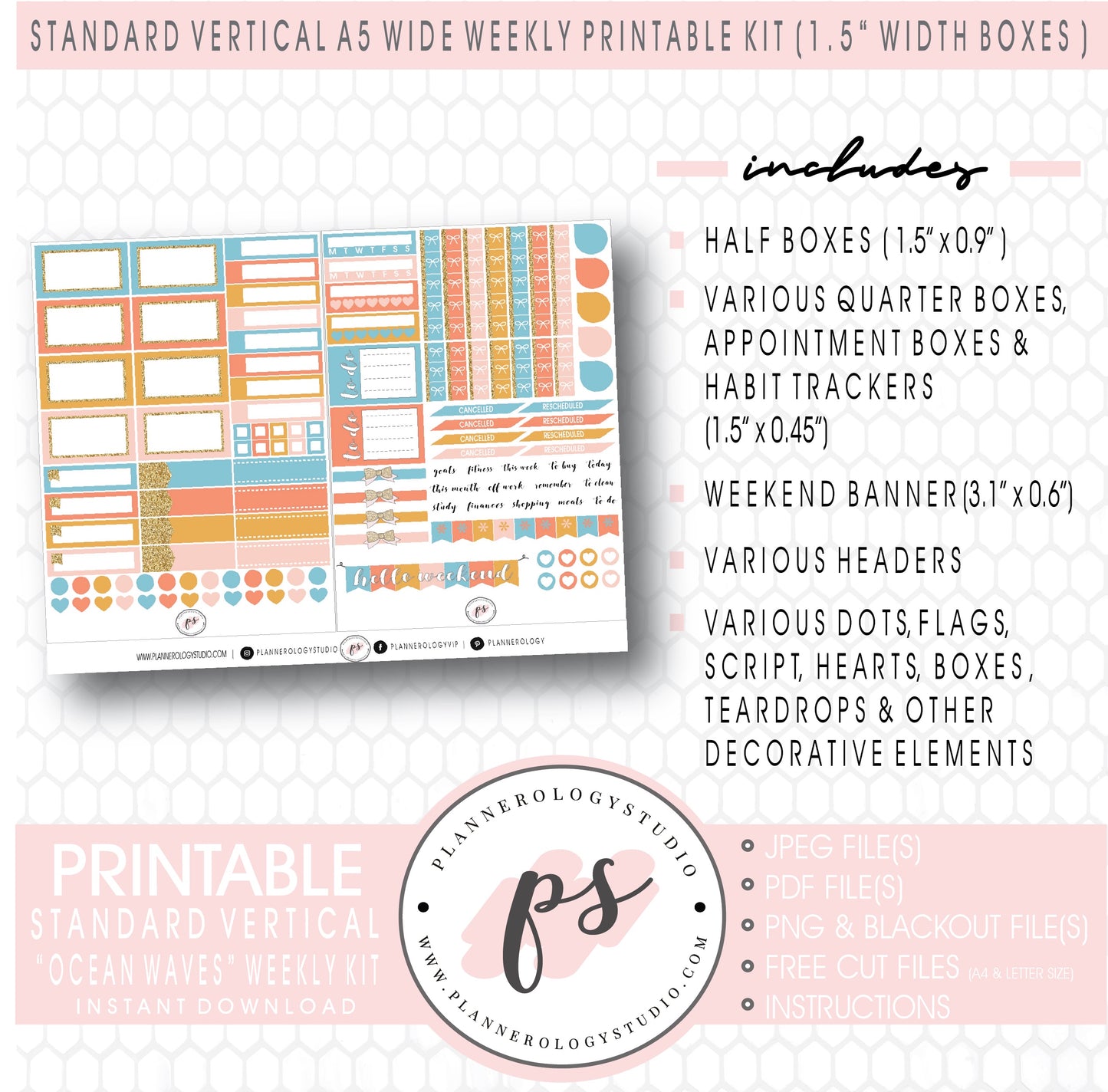 Ocean Waves Weekly Digital Printable Planner Stickers Kit (for use with Standard Vertical A5 Wide Planners)