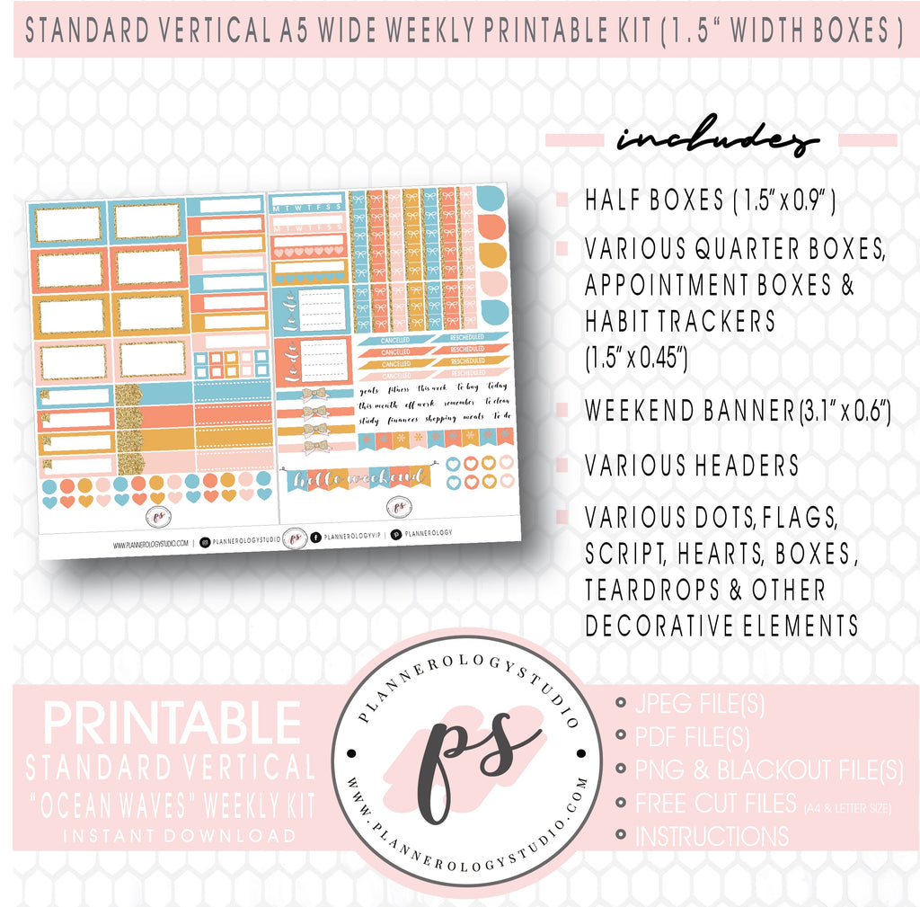 Ocean Waves Weekly Digital Printable Planner Stickers Kit (for use with Standard Vertical A5 Wide Planners)
