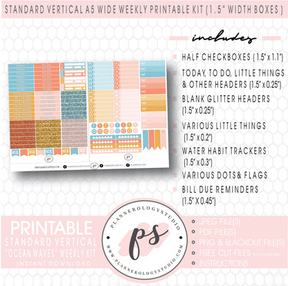 Ocean Waves Weekly Digital Printable Planner Stickers Kit (for use with Standard Vertical A5 Wide Planners)