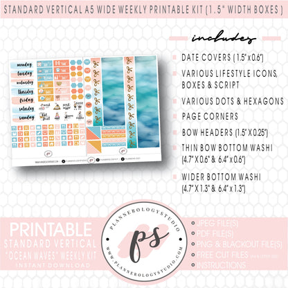 Ocean Waves Weekly Digital Printable Planner Stickers Kit (for use with Standard Vertical A5 Wide Planners)