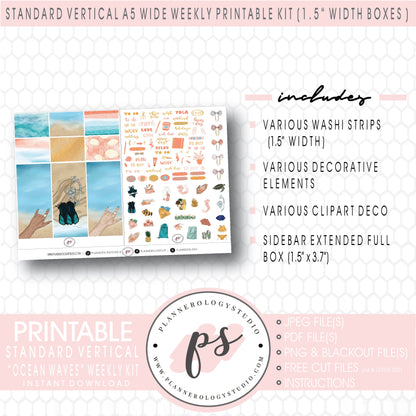 Ocean Waves Weekly Digital Printable Planner Stickers Kit (for use with Standard Vertical A5 Wide Planners)