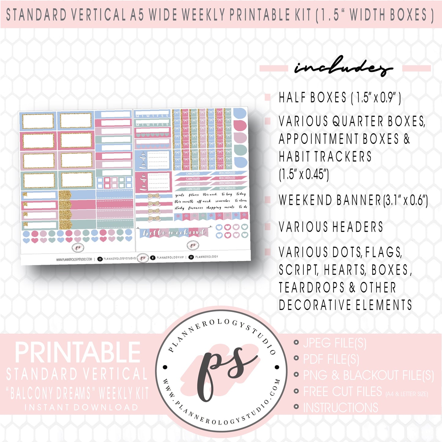 Balcony Dreams Weekly Digital Printable Planner Stickers Kit (for use with Standard Vertical A5 Wide Planners)