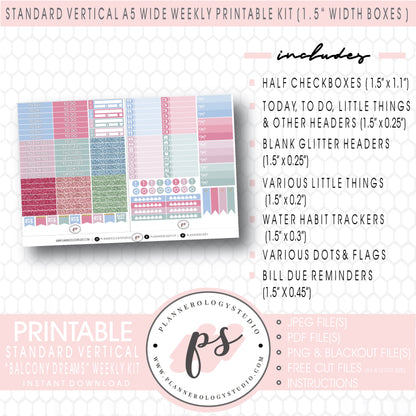 Balcony Dreams Weekly Digital Printable Planner Stickers Kit (for use with Standard Vertical A5 Wide Planners)