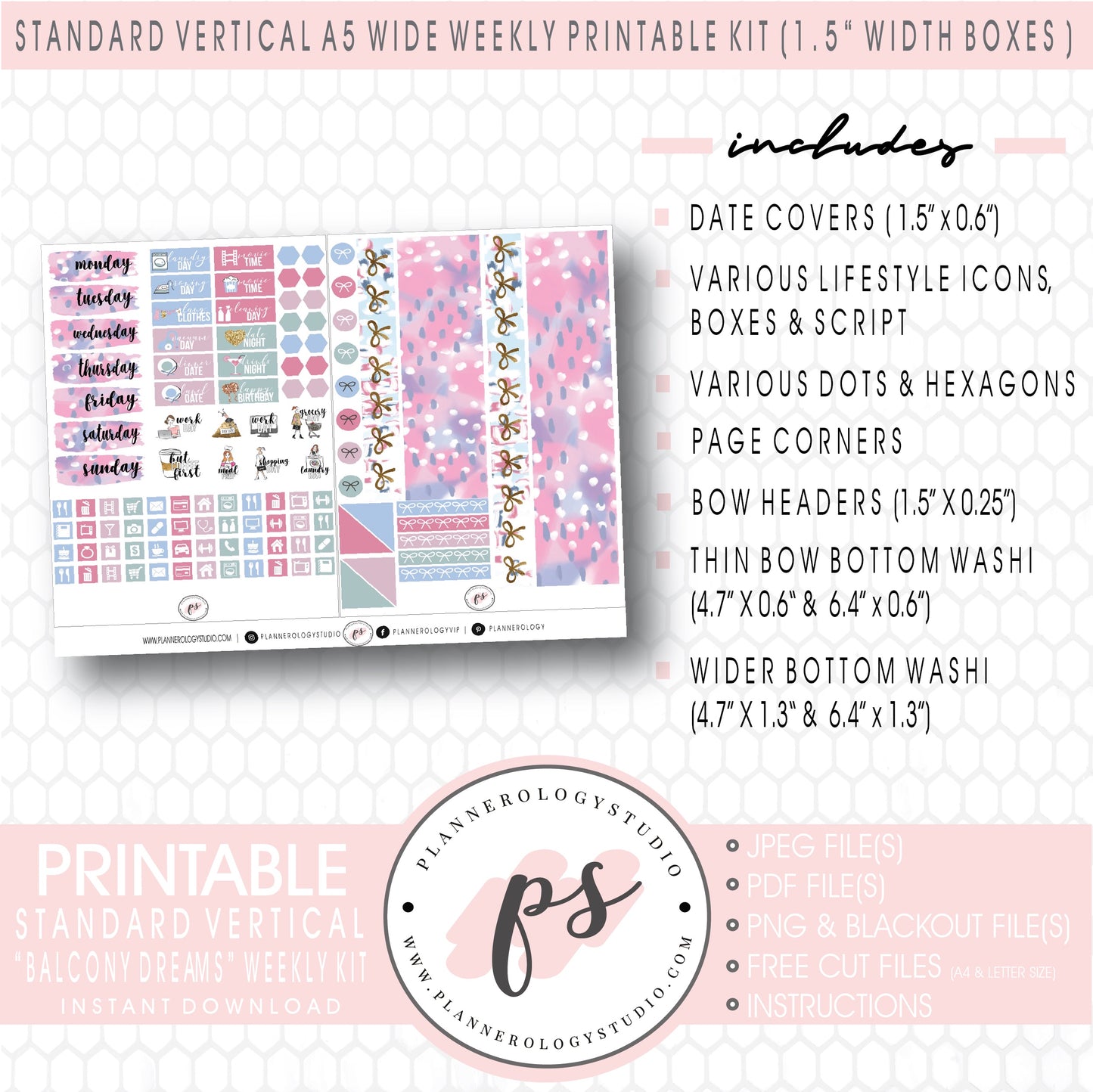 Balcony Dreams Weekly Digital Printable Planner Stickers Kit (for use with Standard Vertical A5 Wide Planners)