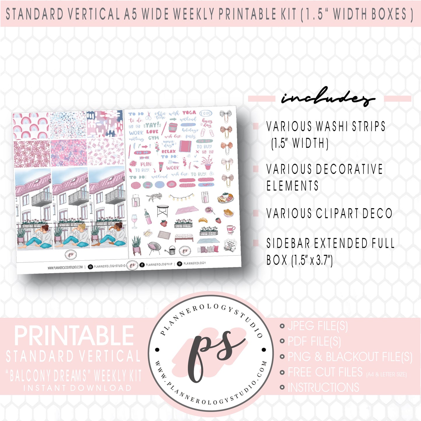 Balcony Dreams Weekly Digital Printable Planner Stickers Kit (for use with Standard Vertical A5 Wide Planners)