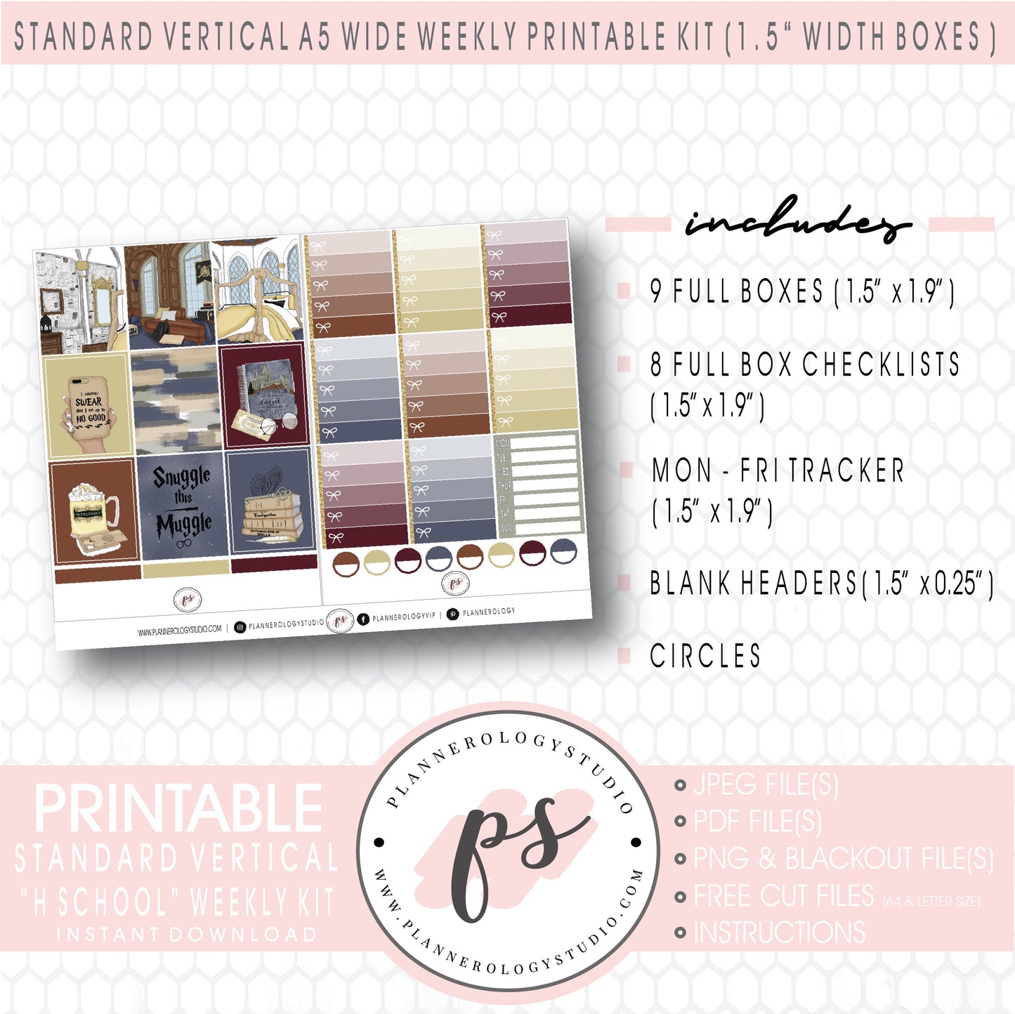 H School (Harry Potter Inspired) Weekly Digital Printable Planner Stickers Kit (for use with Standard Vertical A5 Wide Planners)