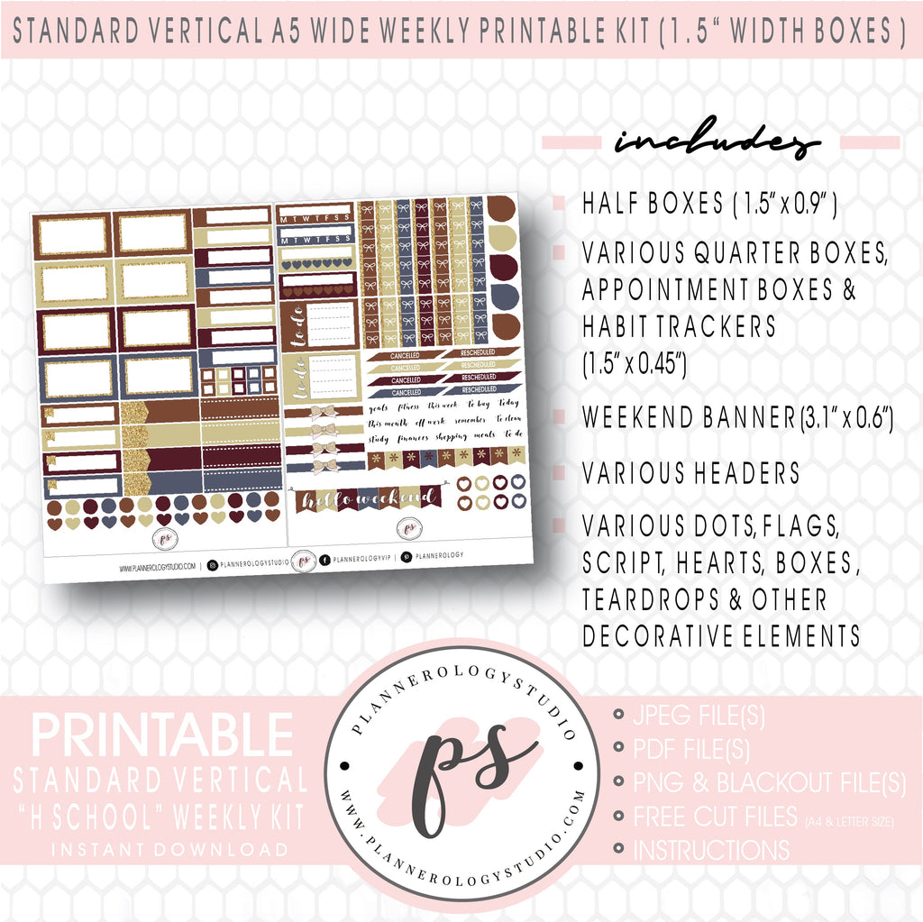 H School (Harry Potter Inspired) Weekly Digital Printable Planner Stickers Kit (for use with Standard Vertical A5 Wide Planners)