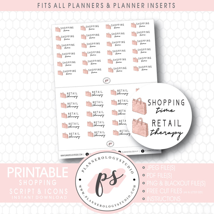 Shopping Time & Retail Therapy Bujo Script & Icon Digital Printable Planner Stickers