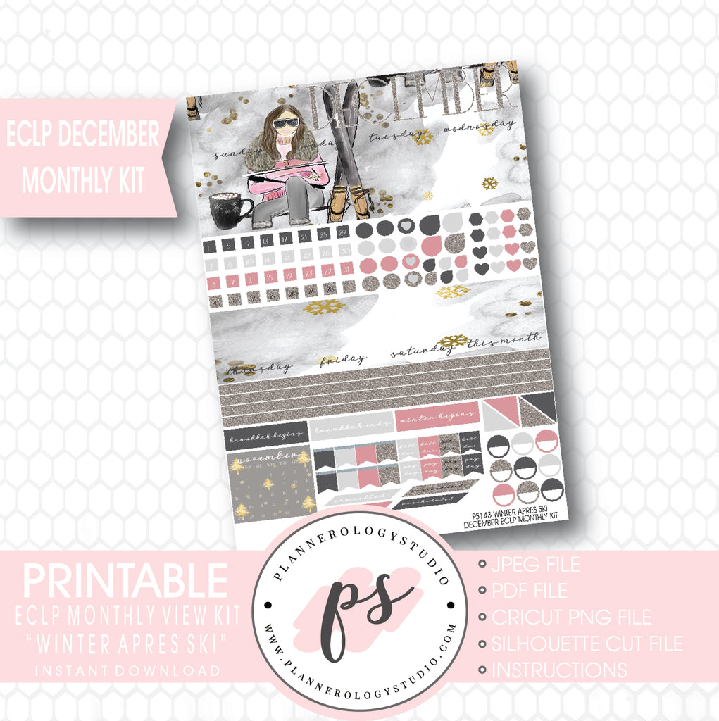 Winter Apres Ski December 2017 Monthly View Kit Printable Planner Stickers (for use with ECLP) - Plannerologystudio