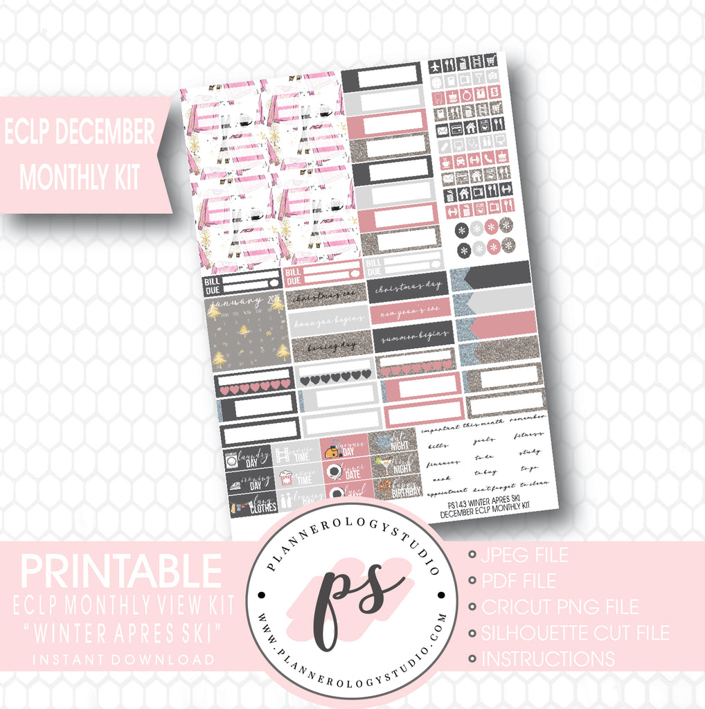 Winter Apres Ski December 2017 Monthly View Kit Printable Planner Stickers (for use with ECLP) - Plannerologystudio