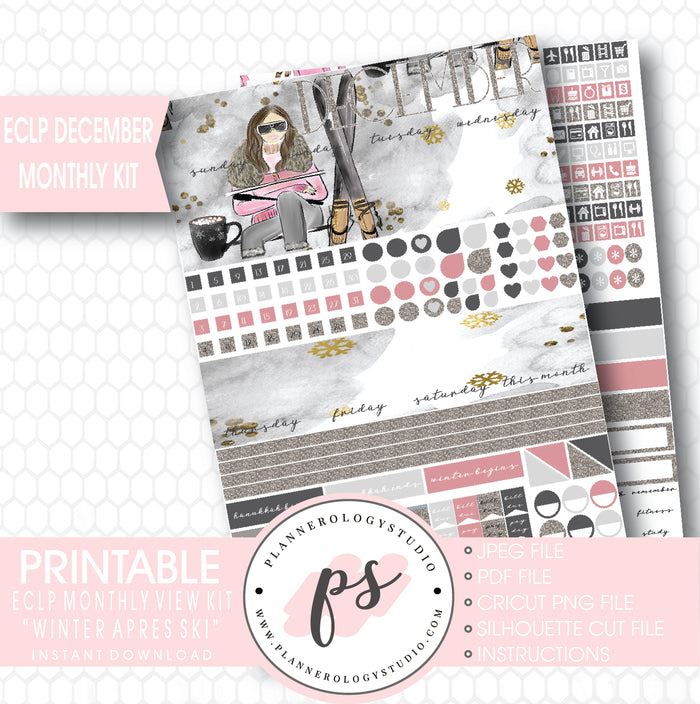 Winter Apres Ski December 2017 Monthly View Kit Printable Planner Stickers (for use with ECLP) - Plannerologystudio