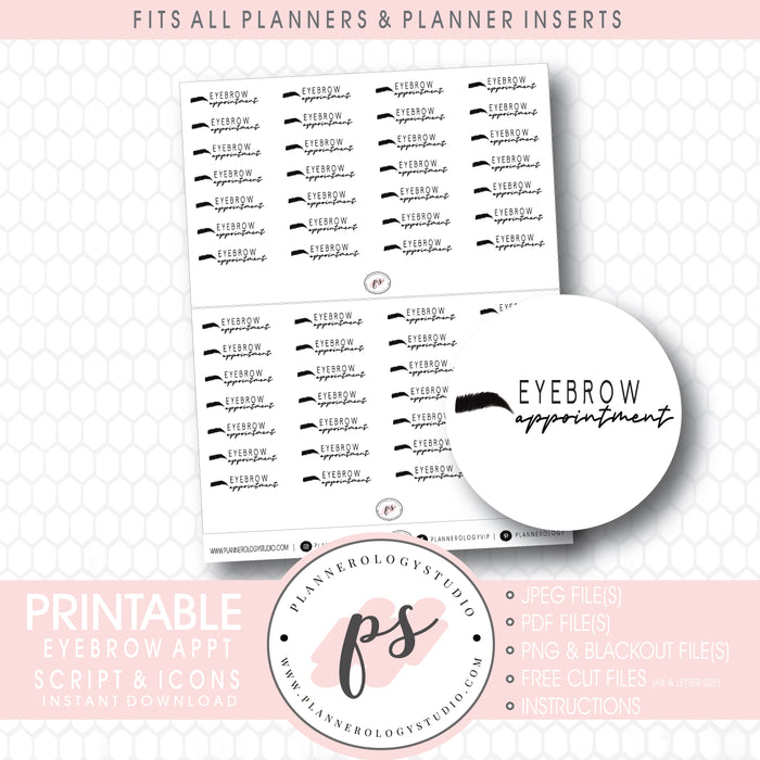 Eyebrow Appointment Bujo Script & Icon Digital Printable Planner Stickers